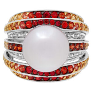 South sea cultured pearl 12mm ring with multi-colored sapphires