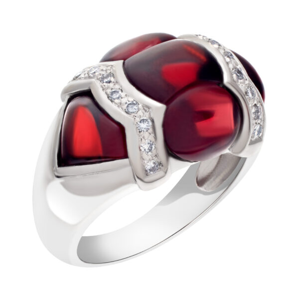 Cabochon red garnet ring with diamond accents in 18k white gold