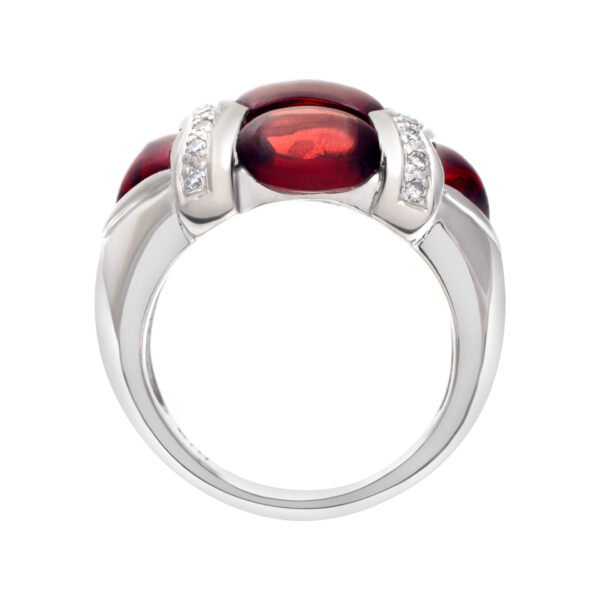 Cabochon red garnet ring with diamond accents in 18k white gold