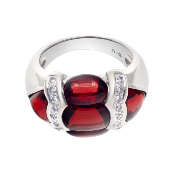 Cabochon red garnet ring with diamond accents in 18k white gold