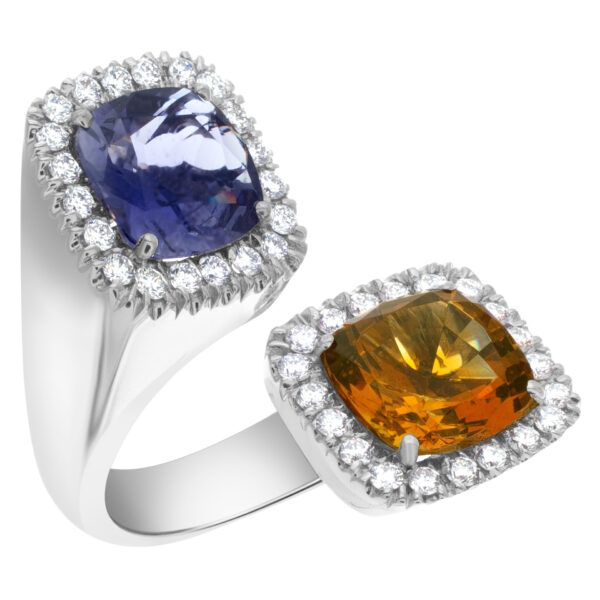 Royal topaz and tanzanite open ring with 1 carat in diamonds set in 18k white gold