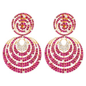 Boho style drop earrings with 2.46 carats in pink sapphire and diamonds set in 18k gold