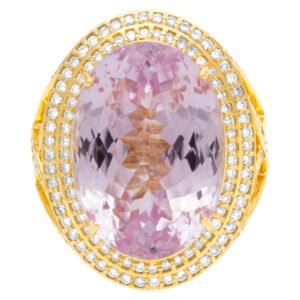 Bold oval ring with 3.48 carats in round cut diamonds and 42.12 carat kunzite stone set in 18k gold