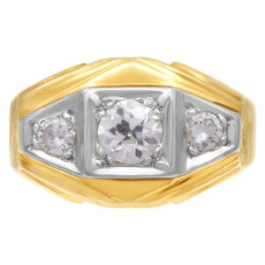 Men's three stone diamond ring in 14k yellow and white gold