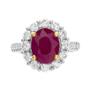 Spectacular 3.70 carat heated Burma Ruby ring with 1.32 carat in G color, SI clarity diamonds