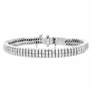 Flex bracelet in 18k white gold with two rows of princess cut channel set diamonds,