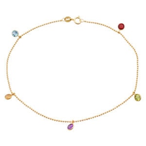 Ankle bracelet in 14k gold with colorful multi-stones.