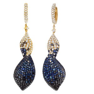 Twisted earrings with black diamonds, blue sapphires & white diamonds in 18k