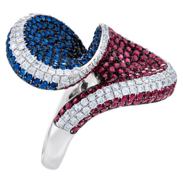 Beautiful twisted diamond, sapphire and ruby ring set in 18k white gold