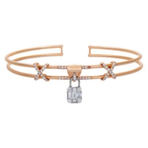 18k rose gold bangle with diamond padlock and diamond x's. 0.67 cts in diamonds.