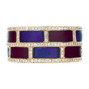 Dark red and purple enamel ring with diamond accents in 18k rose gold