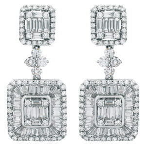 Baguette and round diamond hanging earrings in 18k white gold