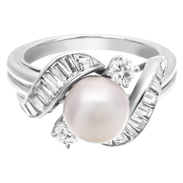 Pearl ring with diamond accents in platinum