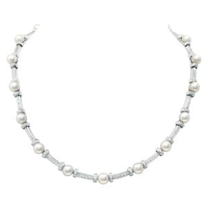 Pearl 7.0mm necklace with diamond accents approx 1.5cts in 18k white gold