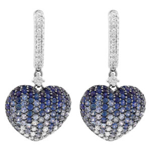 Heart shaped sapphire and diamonds earrings in 18k white gold