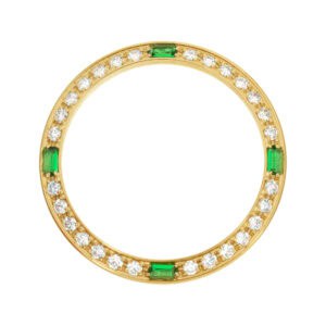 Custom diamond and emerald bezel in 18k yellow gold for rolex