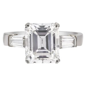 GIA certified emerald cut 3.95 carat (F color, VVS2 clarity) ring set in platinum setting