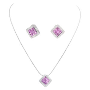 Pink sapphire and diamond necklace and earrings set in 18k white gold