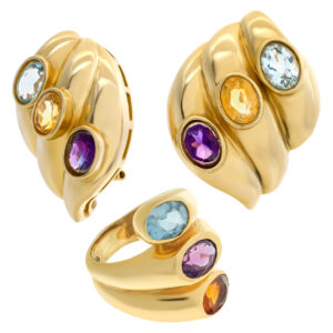 Swirled gold earrings and ring set in 14k with topaz, amethyst & citrine