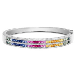 Rainbow green, yellow, pink, and blue sapphire diamond bangle in 14k white gold