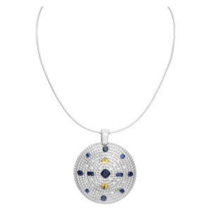 Medallion with Diamonds & Blue & Yellow Sapphire set in 18k white gold w/ 16" wire chain