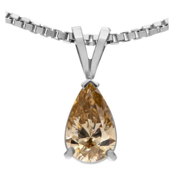 GIA certified 1.11 carat natural, fancy brown-yellow, even VS1 pear cut diamond on white gold pendant and chain .