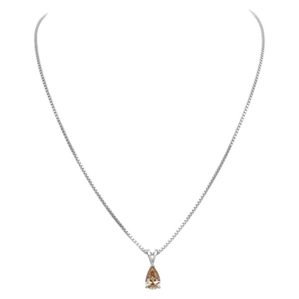 GIA certified 1.11 carat natural, fancy brown-yellow, even VS1 pear cut diamond on white gold pendant and chain .