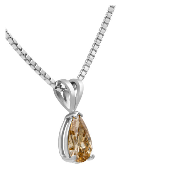 GIA certified 1.11 carat natural, fancy brown-yellow, even VS1 pear cut diamond on white gold pendant and chain .