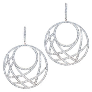 Impressive geometric Crisscross "Lightening" dangling hoop diamond earrings in 18k white gold.