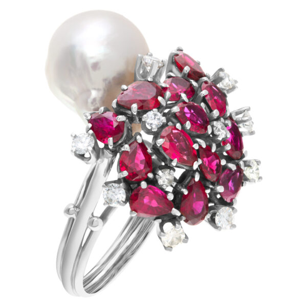 Baroque style South Sea pearl (12.9 x 15.6mm) ring with multi cut rubies & round diamond accets