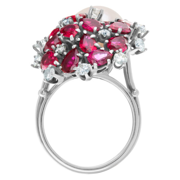 Baroque style South Sea pearl (12.9 x 15.6mm) ring with multi cut rubies & round diamond accets