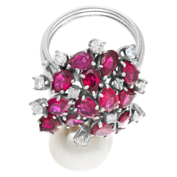 Baroque style South Sea pearl (12.9 x 15.6mm) ring with multi cut rubies & round diamond accets