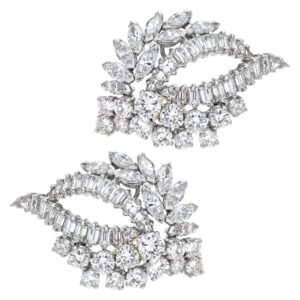 Diamond spray earrings in platinum, over 8 cts of marquise, round, emerald & baguette cut diamonds