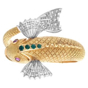 Koi fish bangle in 18k yellow gold with 1 carat of accent diamonds