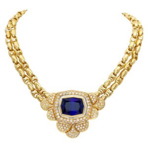 Deep blue-purple Tanzanite gold link necklace with 4.28 cts in accent diamonds