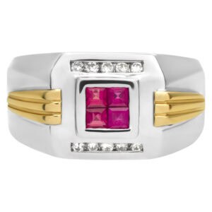 White and yellow 14k gold mens ring with 0.50 carats in square cut rubies framed with diamond accents