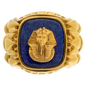 Egyptian Pharaoh Head ring on Lapis Lazuli background set in 14k yellow gold.