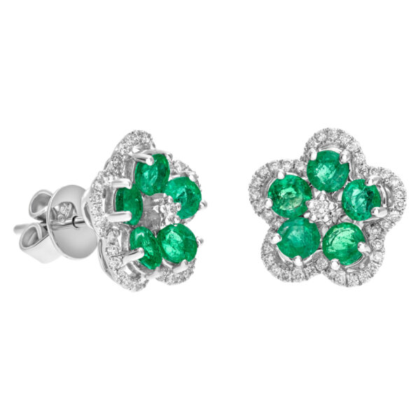 Emerald and diamond flower earrings in 18k white gold