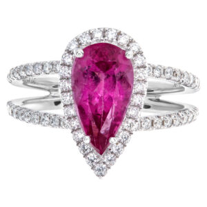 Pear shaped pink sapphire (2.22cts) with diamond accents ring in 18k white gold