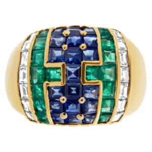 Emerald sapphire and diamond ring on an 18k yellow gold setting