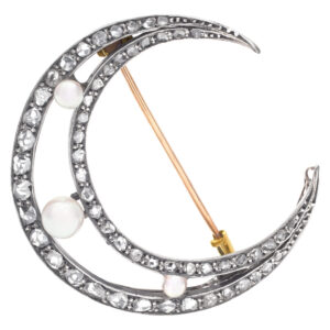 Vintage Crescent white gold moon pin in silver top over 14k with diamonds