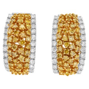 Huggie white and yellow diamond earrings in 18k white gold with 3.25 carats in white and yellow diamonds