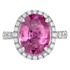 GIA certified pink sapphire and diamond ring in 18k white gold