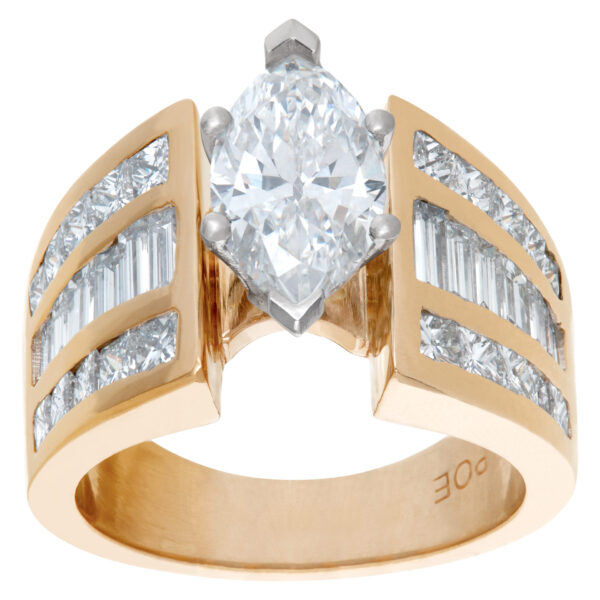 Marquise diamond 1.52 carats F Color, SI2 clarity in a 14k yellow gold and platinum setting with approx. 2 carats in side diamonds