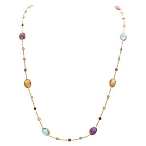 Colorful amethyst, topaz, citrine, garnet, and peridot necklace in 14k gold