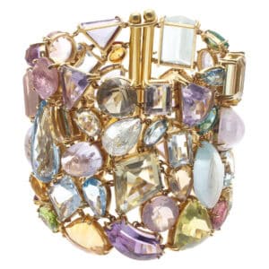 Wide "Mosaic Tutti Frutti" semi precious stones bracelet set in 18K yellow gold.