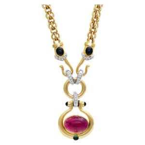 Superb 18K yellow gold Necklace with "Etruscan Revival" center Motif, Tourmaline & Diamonds