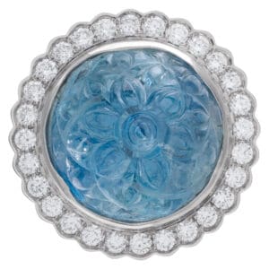 Carved aquamarine and diamond ring in 18k white gold with total weight of approximately 1.6 carat diamonds