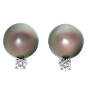 Tahitian clip on pearl earrings with diamonds, set in platinum.  Pearls:11.5 x12mm