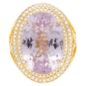 Bold oval ring with 3.48 carats in round cut diamonds and 42.12 carat kunzite stone set in 18k gold